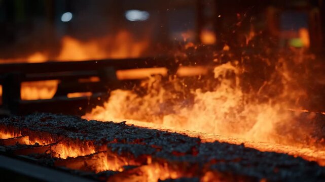 140Close-up perspective of steel components being coated in molten zinc, molten metal bubbling around edges, intense orange-yellow glow contrasting with dark steel, showing precise in