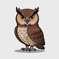 A cartoon owl character sits confidently, featuring sharp features and a fierce expression, symbolizing wisdom, power, and vigilance in the animal kingdom.