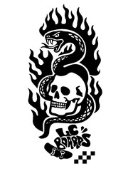 SKULL SNAKE FIRE FLAME TATTOO, DARK VINTAGE SKATEBOARD ART