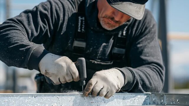 149Medium angle capturing hands and tools fastening aluminum downspouts, metallic sheen catching daylight, illustrating a high-quality, long-lasting drainage installation on a modern