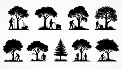 People enjoying nature and gardening activities under trees