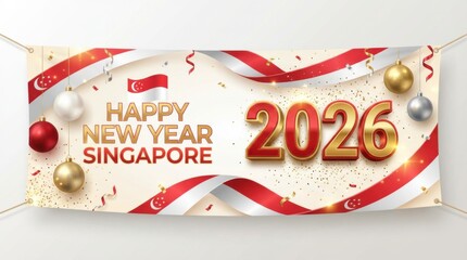 Obraz premium singapore new year 2026 banner with waving ribbon in national flag colors