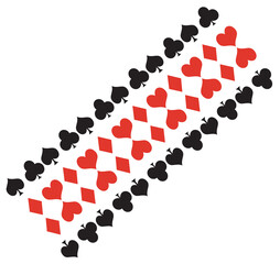 Diagonal pattern of playing card suits in red and black on a white background, A repeating  pattern features the four suits of playing cards, spades, clubs, hearts, and diamonds, arranged in rows