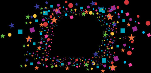 Colorful geometric shapes and stars forming a festive border on a black background, explosion of confetti-like stars, circles, and squares in various bright colors creates a dynamic frame 