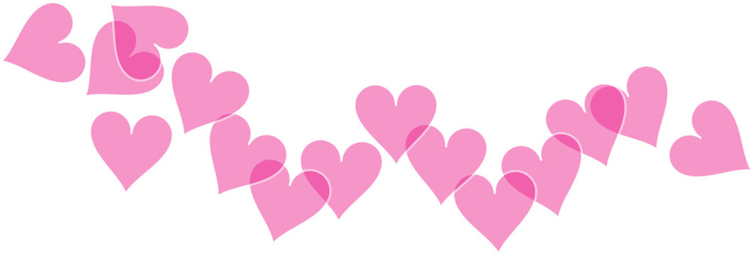 Scattered magenta hearts with light gray outlines on a transparent background, A whimsical arrangement of translucent magenta heart shapes cascades across a dark backdrop