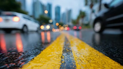 184Wet city street in early morning, yellow lane divider reflecting soft sunrise light, puddles along road edges, cars in the distance blurred, conveying safe driving awareness