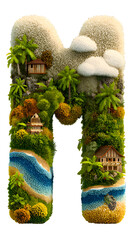 Letter M Tropical Island Landscape with Tiny Houses and Palms