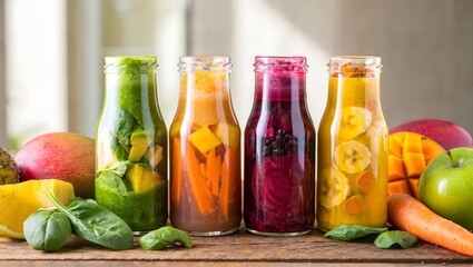 Colorful Assorted Juices and Fresh Fruit Still Life