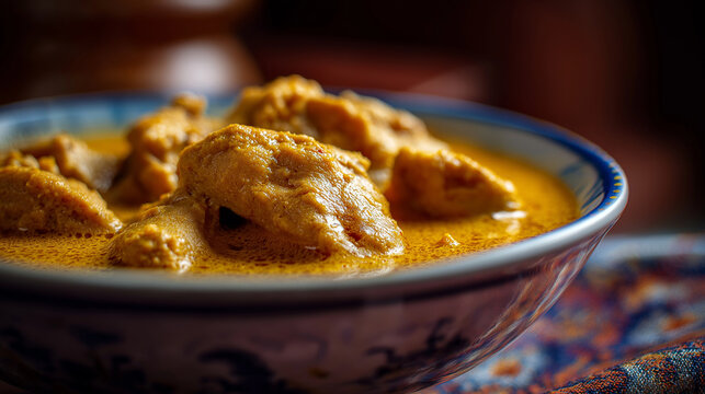 Chicken korma in velvety nut-based gravy, pale golden color, subtle sweetness
