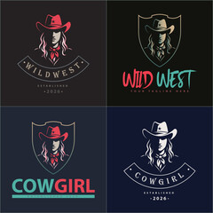 Cowgirl american sheriff wild west beauty face head silhouette logo set vintage design template