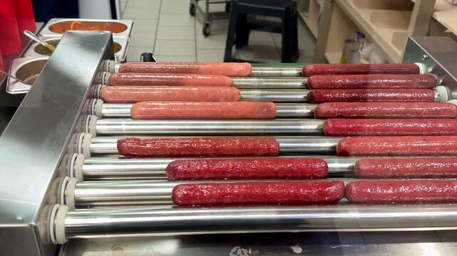 Long delicious hot dogs are sizzling on a roller grill in supermarket indoor, making them the perfect choice for outdoor gatherings and events. Close-up