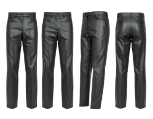 Four views of sleek, black faux leather dress pants