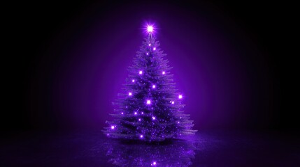 A purple Christmas tree with purple lights against a black background, featuring a glowing light effect for a festive holiday concept
