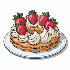 A beautifully decorated cake with whipped cream and fresh strawberries on top, highlighting the delightful presentation and the appealing colors of this dessert.