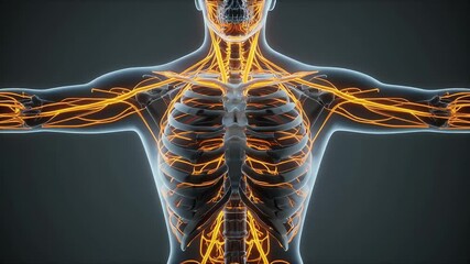 Animated human anatomy video showing the abdominal arteries and veins, ideal for medical education or scientific visualization projects
