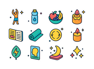 Colorful Wellness Icons. Wellness Routine. Colorful isometric ve