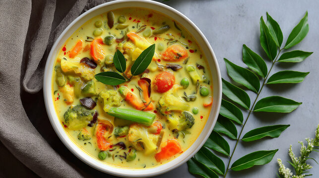 Colorful South Indian vegetable kurma, mixed veggies in creamy coconut-cashew gravy, curry leaves, aromatic spices