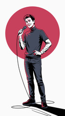 A cheerful comedian holding a microphone on stage, dressed in casual attire, ready to entertain the audience, capturing the essence of humor and performance in a lively atmosphere.