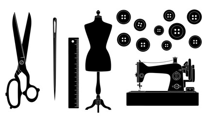 Sewing Tools Silhouette Set &ndash; Tailoring Dressmaking Equipment Vector Collection