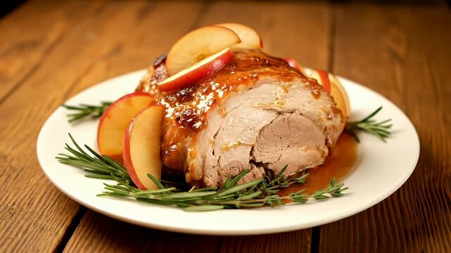 A plate of meat with apples on top. The apples are sliced and arranged in a way that they look like they are on top of the meat. The plate is on a wooden table