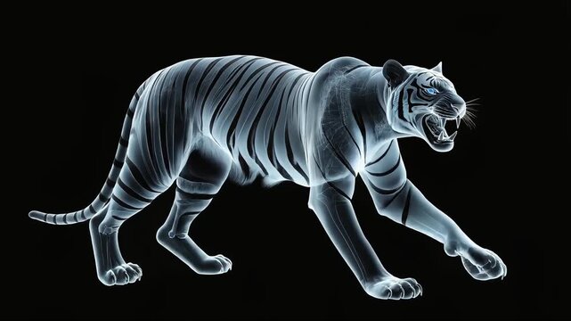 Ethereal tiger prowls in the darkness, a stunning display of translucent power, a dynamic and vibrant predator on the hunt in the night, majestic beauty