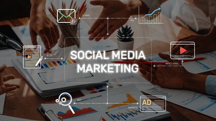 A dynamic scene showcasing a diverse team collaborating on social media marketing strategies, highlighted by digital analytics and creative planning in a professional workspace. Raster