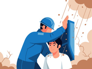 A construction worker shields a young boy from falling debris during a storm. Protective action, safety, and teamwork are emphasized.  Strong visual impact.