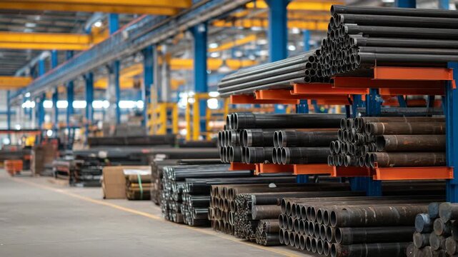 241Industrial scene featuring rows of large and small pipes organized on rust-proof shelving, background blur emphasizing texture and reflective metal
