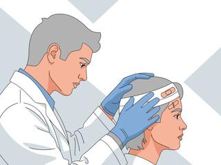 A healthcare professional gently cares for a patient's head wound with bandages. The image showcases a compassionate medical interaction with a soft, professional style.
