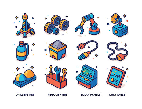 Moon Mining Icons. Moon Mining Equipment. Colorful isometric vec