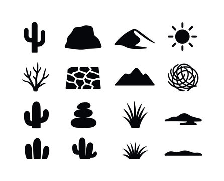Black Desert Icons. desert landscape elements. Solid icon set of