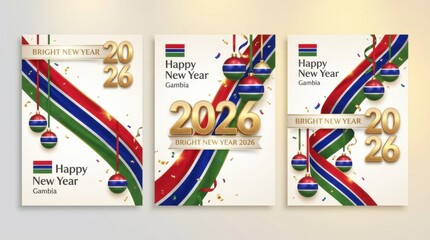 gambia new year 2026 set of three different vertical posters with waving ribbon in national flag colors