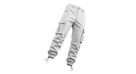White Cargo Pants with Multiple Pockets and Drawstring Ankles, 3d Render