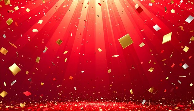 Festive Red Background with Falling Gold Confetti and Rays of Light - Powered by Adobe