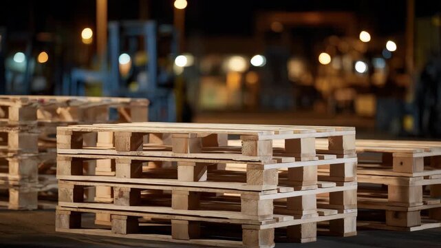 257Side view of pallet stacks arranged in perfect order, linear alignment enhanced by warm light, highlighting natural wood tones against a dim industrial background