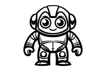 Smiling robot with headphones and big eyes stands cheerfully on a white backdrop