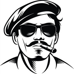 Stylish man with mustache, sunglasses, and beret enjoys a cigar in black and white