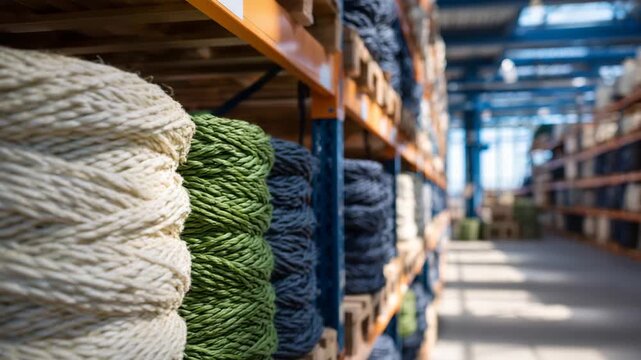 269Detailed macro shot of green and beige fishing nets coiled and stored on clean metal racks, sunlight illuminating the woven fibers in a well-maintained warehouse