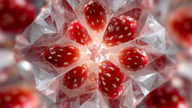 Geometric arrangement of fresh strawberries, refracted through a crystal-like structure, creating a vibrant, kaleidoscopic effect.