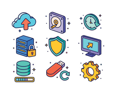 Isometric Data Backup Icons. Data backup and recovery. Colorful