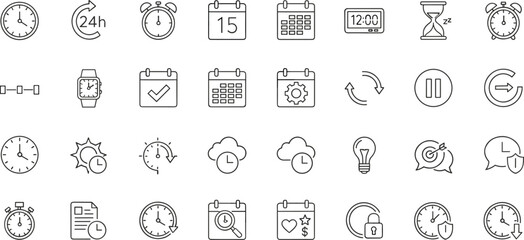 Thin line time management icon set illustration featuring clocks calendars schedules reminders and productivity symbols with editable stroke design