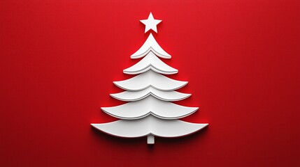 Minimalist Christmas tree icon on red background as a simple white shape, symbolizing New Year holiday with festive concept and design