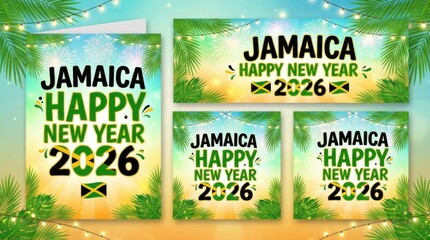 Naklejka premium jamaica happy new year 2026 poster set template with national flag colors