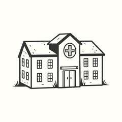 Stylized monochrome hospital building with a cross and doors represents healthcare services effectively