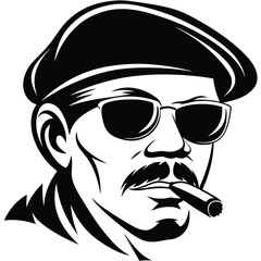 Stylized monochrome portrait depicts an African man in cap smoking a thick cigar elegantly