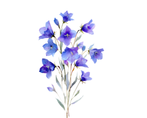 Purple bellflower bouquet with green stems and leaves isolated on a transparent background purple flowers 1