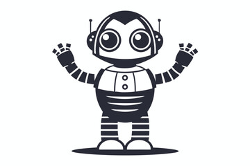 The cartoon robot with square eyes and rounded arms stands on stubby legs