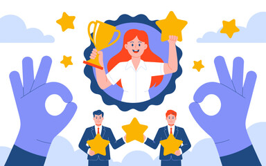 Fototapeta premium An uplifting illustration capturing a moment of celebration, featuring a smiling person holding a trophy surrounded by stars, symbolizing achievements and success in life.