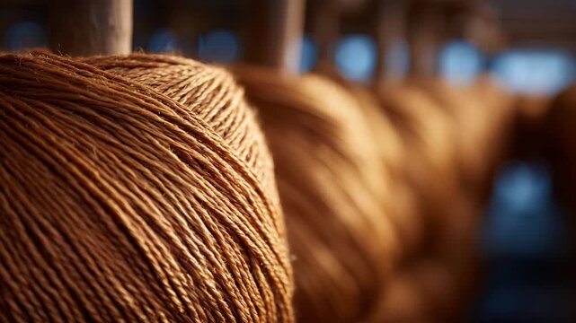 275Macro view of smooth, tightly woven fishing net fibers neatly arranged on racks, balanced lighting and shallow depth of field emphasizing texture and precision