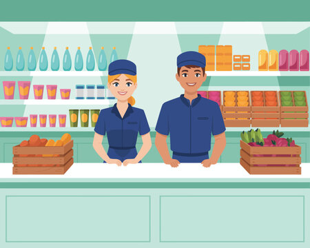 A dynamic duo of grocery store staff members, smiling and engaging with customers, showcasing friendly service and a welcoming shopping environment. - Powered by Adobe